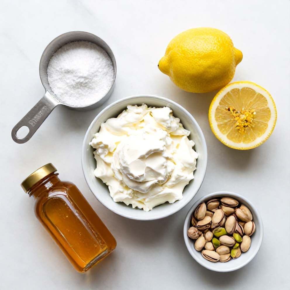 Raw ingredients for no-bake ricotta cups: ricotta, honey, pistachios, lemon zest, and powdered sugar