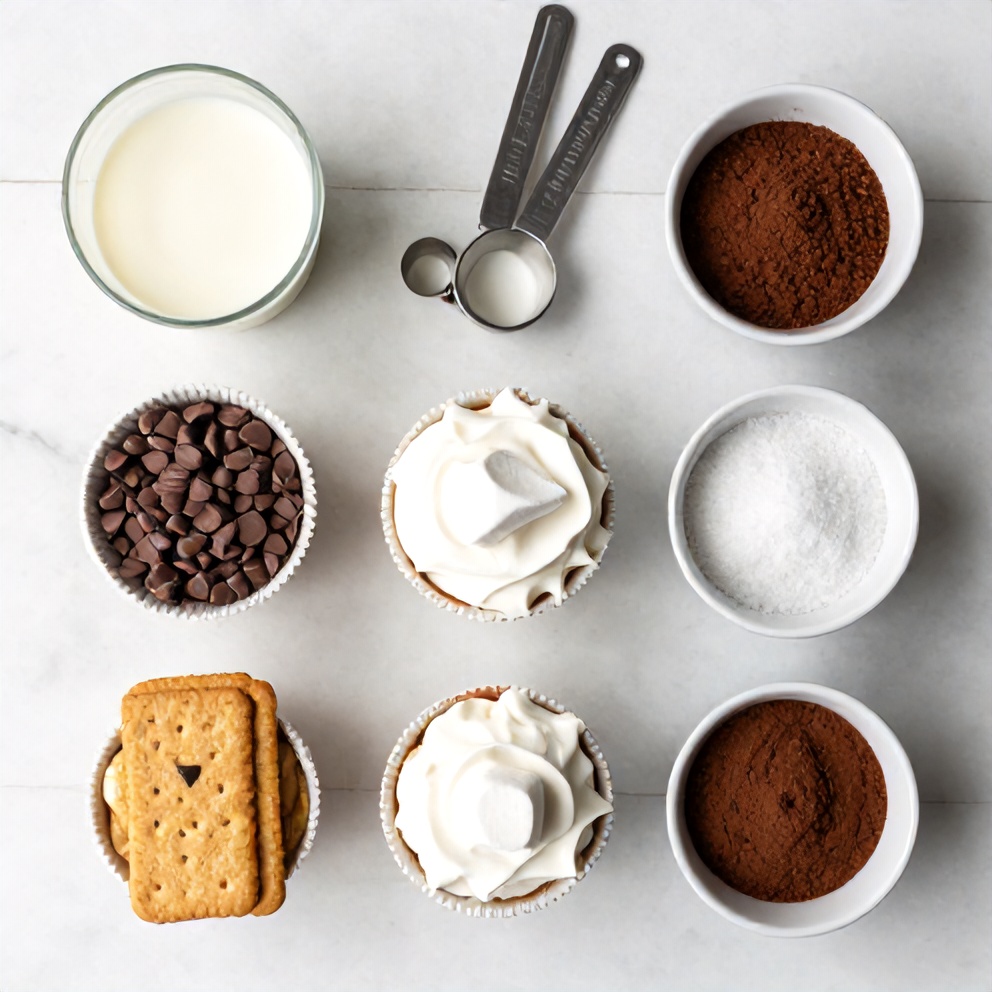 Graham crackers, milk, chocolate chips, marshmallow creme, cool whip, sugar, cocoa powder arranged in a flat lay with measuring spoons and bowls