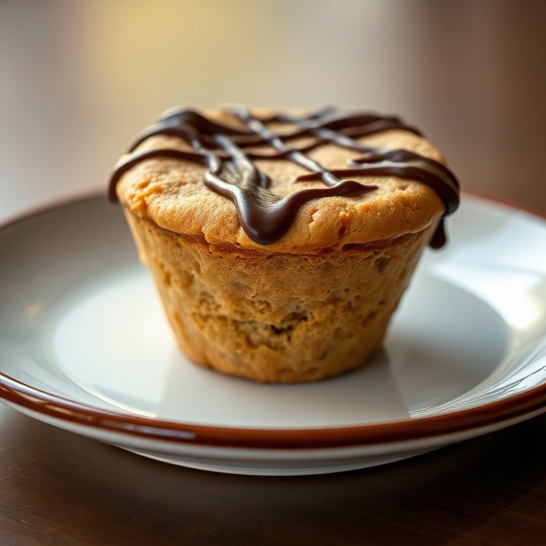 One perfect plated Twix cookie cup. Garnished with a chocolate drizzle. Close crop. Warm side lighting. Plate with dark rim. Photorealistic food photography style.