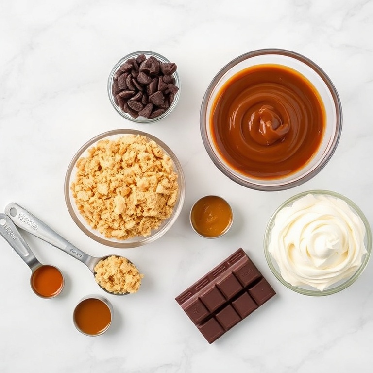 All raw ingredients for Twix cookie cups. Chocolate chips, graham cracker crumbs, caramel sauce, chocolate bars, and vanilla frosting. Measuring spoons and bowls visible. White marble surface. Bright even natural light.