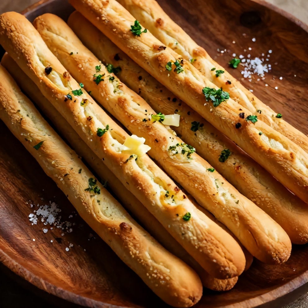 Freshly baked breadsticks with garlic butter and parsley