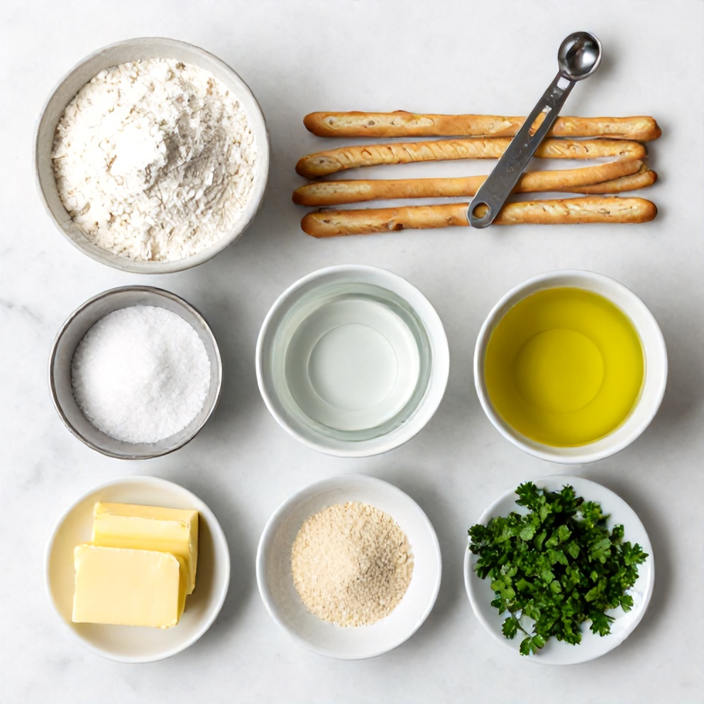 Breadstick ingredients including flour, yeast, and garlic butter