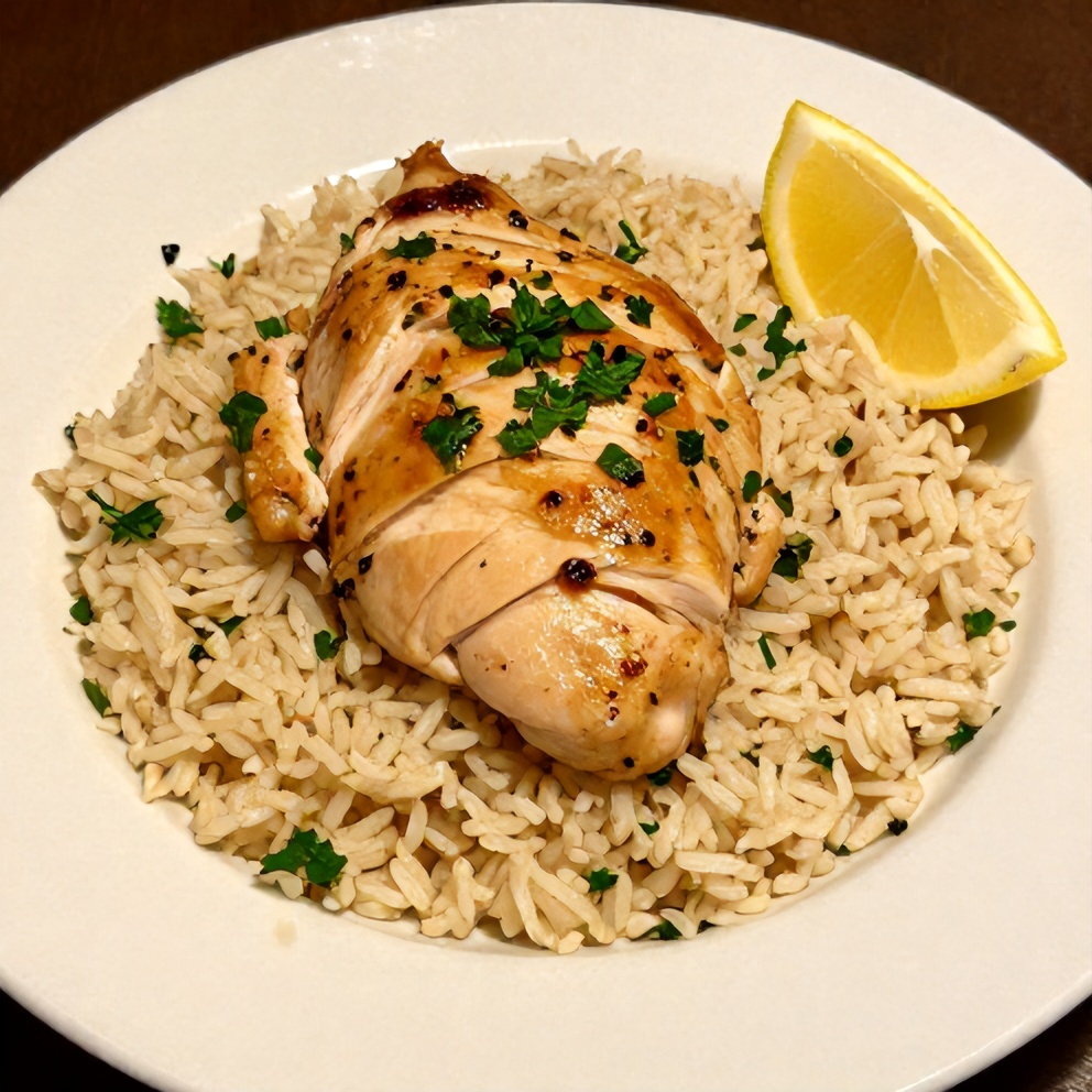 Plated One-Pan Lemon Chicken and Rice Dinner