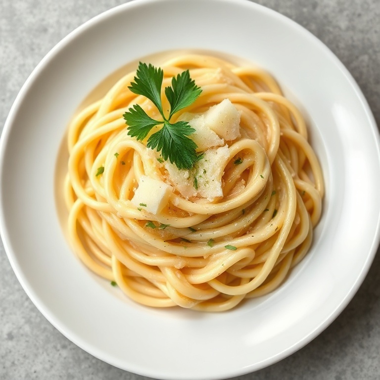 A perfectly plated bowl of creamy garlic pasta. Topped with fresh parsley and Parmesan. The sauce is smooth and shiny. A white ceramic plate with a slight texture.