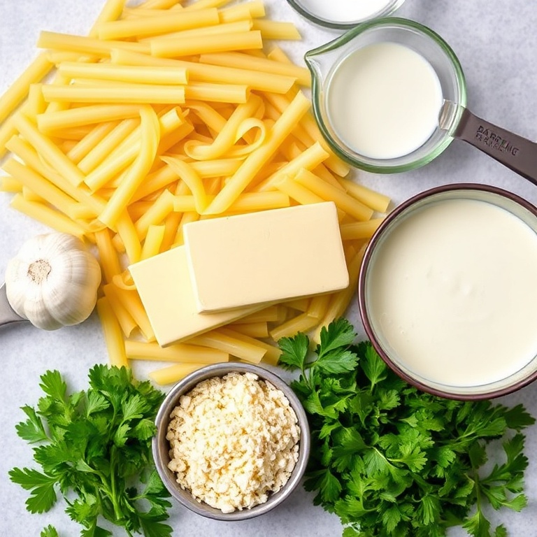 All the raw ingredients for creamy garlic pasta. Garlic, pasta, butter, heavy cream, Parmesan, and fresh parsley. Measuring spoons and bowls are visible. Bright light highlights the ingredients.