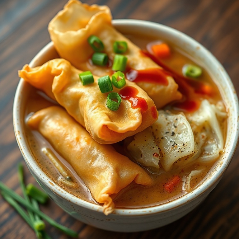 A bowl of egg roll soup with crispy egg roll wrappers, cabbage, and carrots. Topped with green onions and a drizzle of soy sauce.