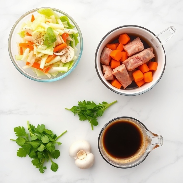 Raw ingredients for egg roll soup: ground pork, cabbage, carrots, mushrooms, garlic, and soy sauce. Measuring cups and bowls nearby.