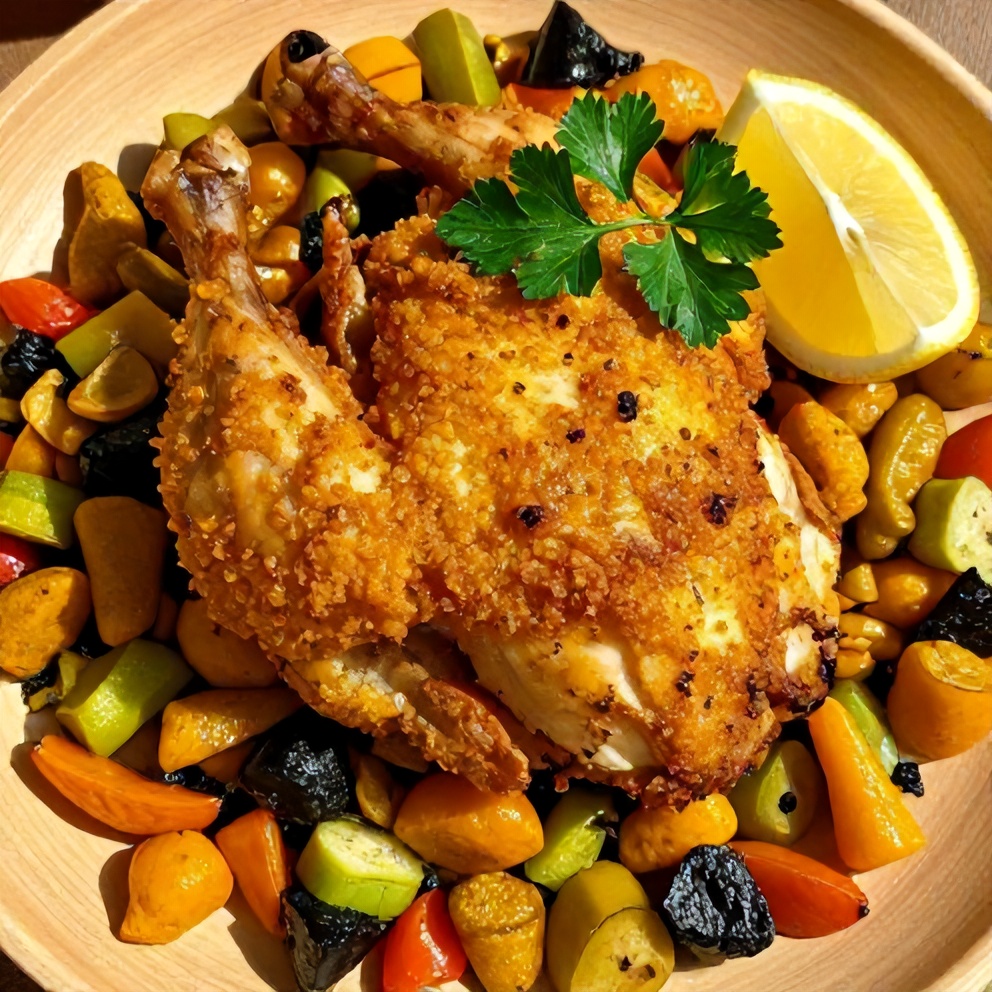 Plated serving of oven-baked turmeric chicken with spring vegetables