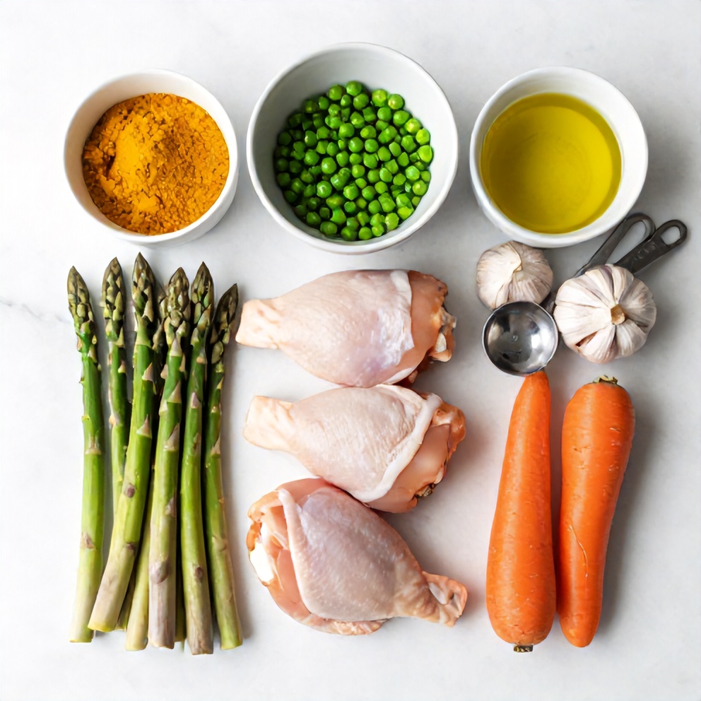 Raw ingredients for oven-baked turmeric chicken