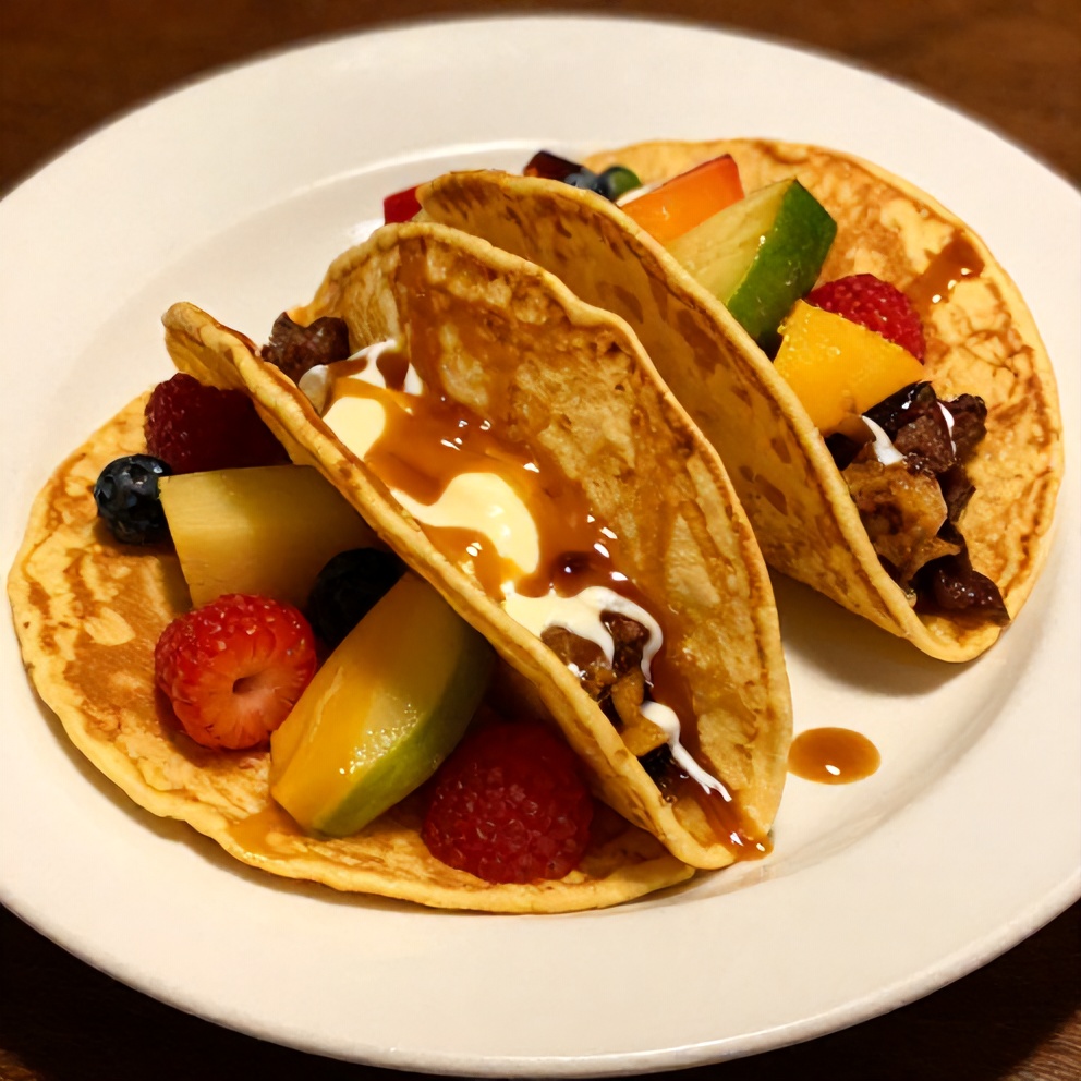Plated pancake tacos with syrup and fresh fruit