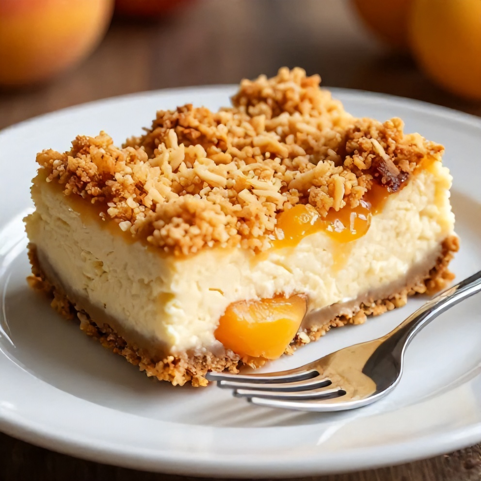 Peach Cobbler Cheesecake Bars on a white plate with a fork