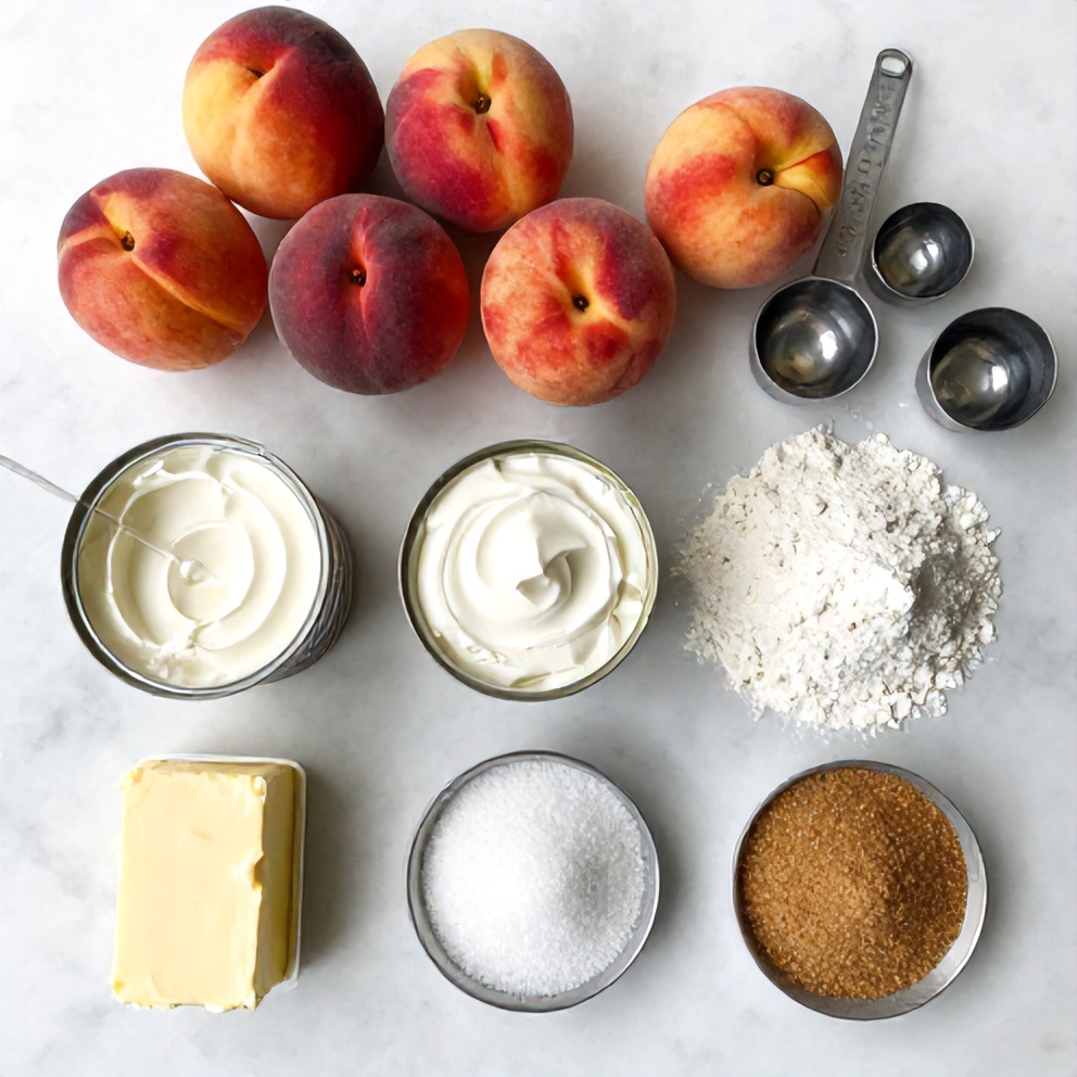 Raw ingredients for Peach Cobbler Cheesecake Bars arranged on a white marble surface