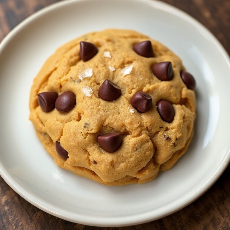 Perfectly plated peanut butter banana cookie with chocolate chips. Garnished with a sprinkle of sea salt. Close crop showing texture. Warm side lighting.