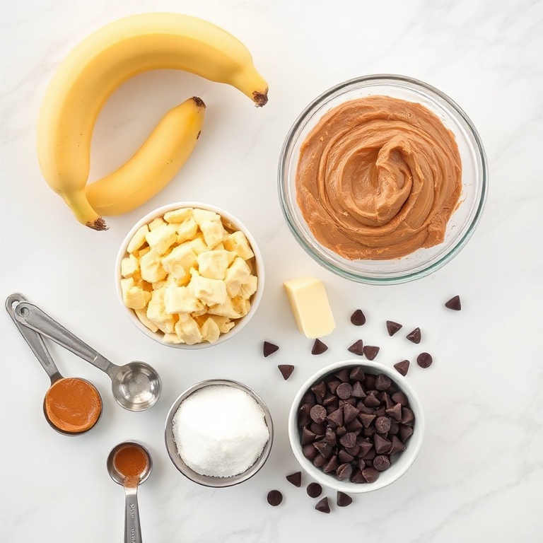 Overhead flat lay of peanut butter, mashed bananas, flour, butter, sugar, and chocolate chips. Measuring spoons and cups visible. White marble surface. Bright even light.