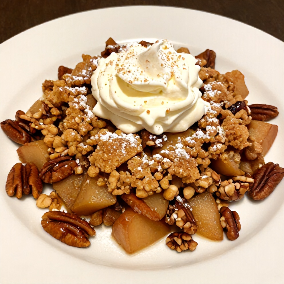 Pecan Apple Crisp Coffee Cake slice on a white plate