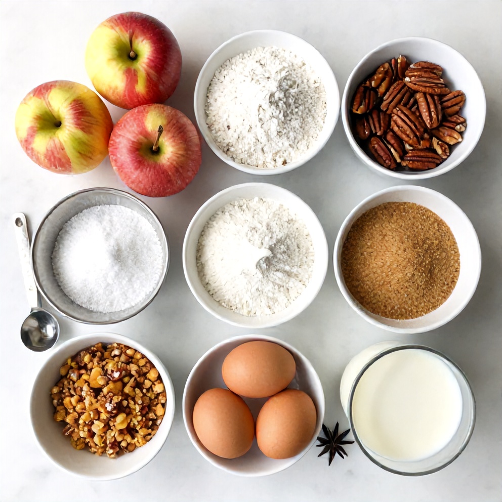 Ingredients for Pecan Apple Crisp Coffee Cake on a marble counter