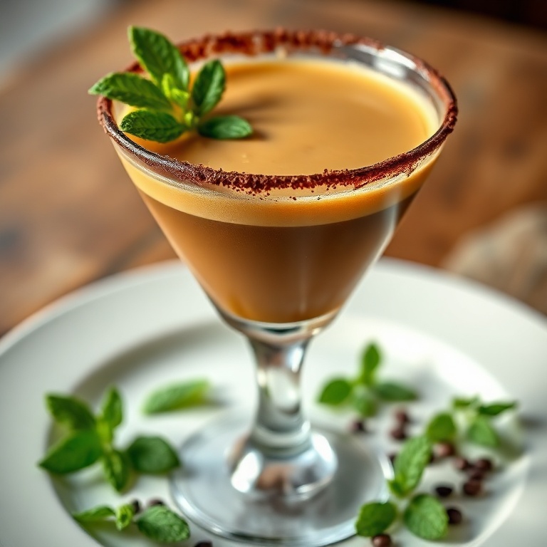 A perfectly plated peppermint espresso martini with a chocolate rim and a sprig of mint, close-up on the glass.