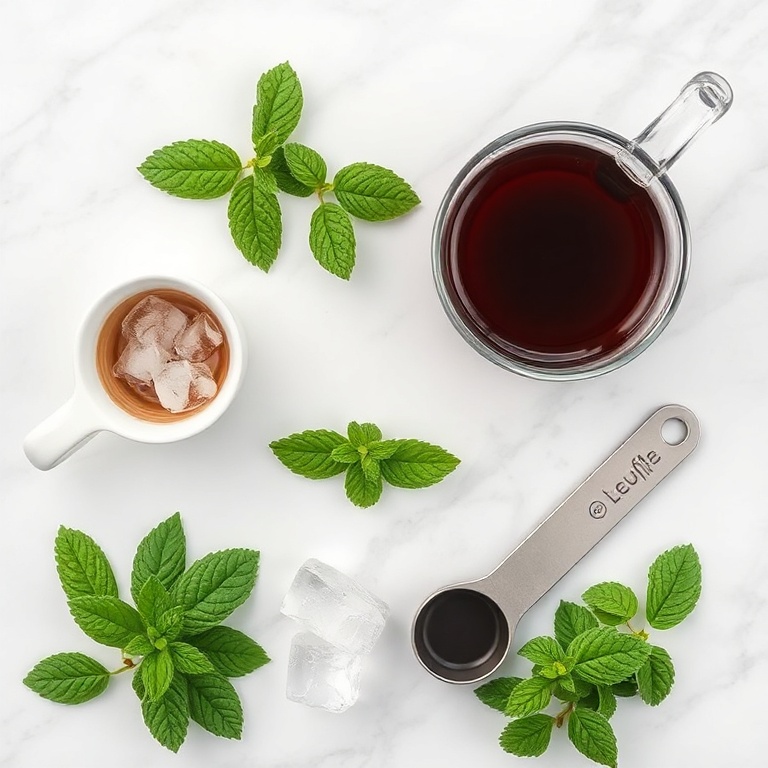 Raw ingredients for a peppermint espresso martini: coffee, peppermint liqueur, crème de cacao, ice, and mint leaves arranged in a flat lay with measuring tools.