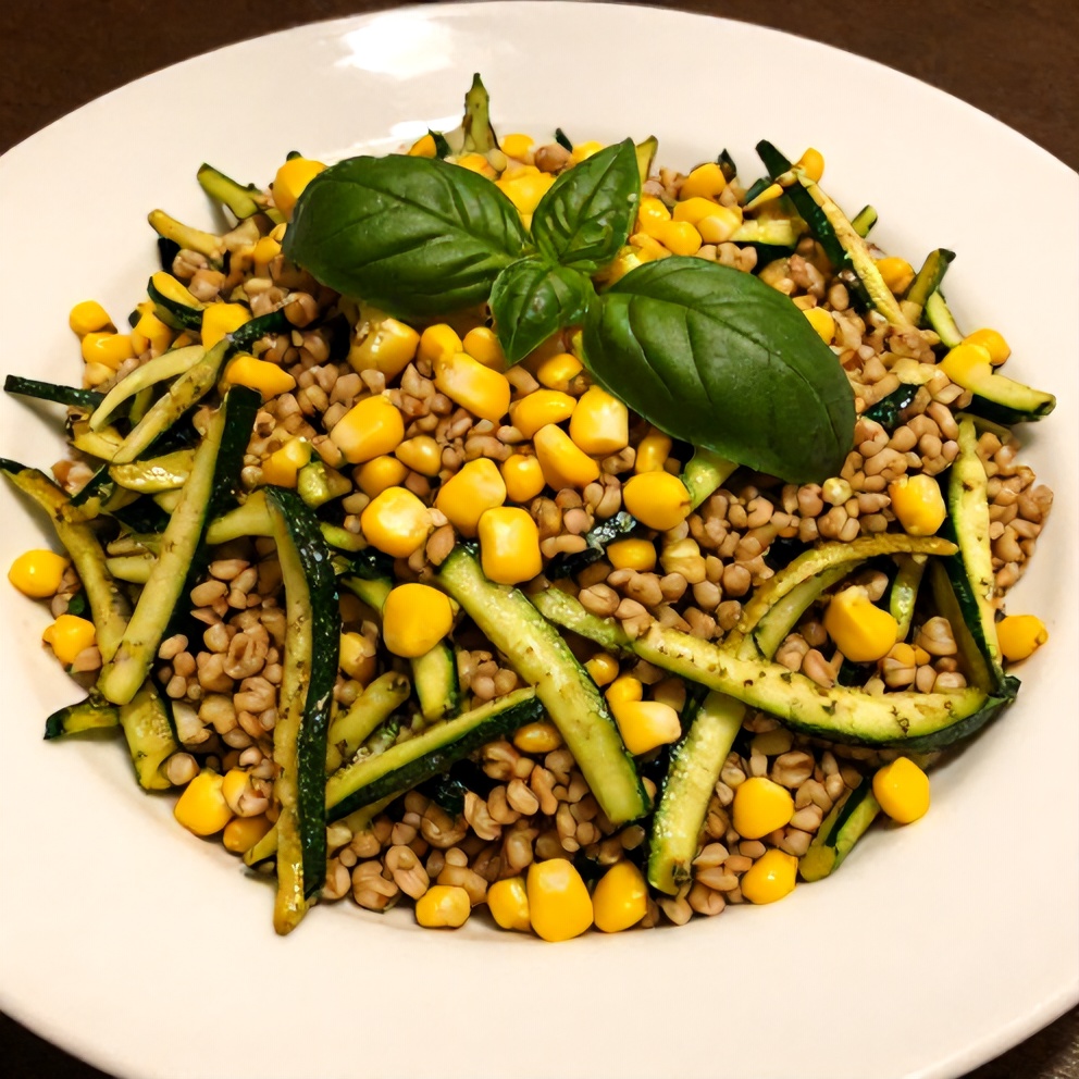 Pesto Zucchini Corn Quinoa Salad with fresh basil garnish