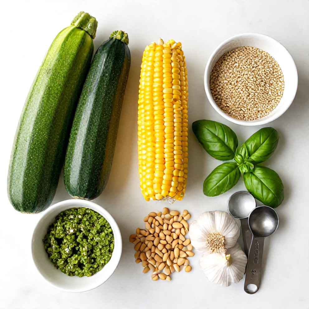 Raw ingredients for Pesto Zucchini Corn Quinoa Salad on a marble surface