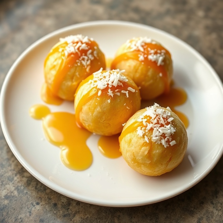 Perfectly plated pineapple coconut balls with a drizzle of honey and a sprinkle of coconut on a white plate