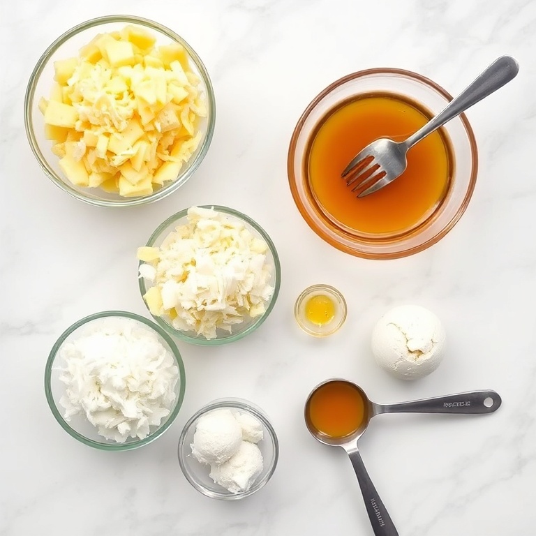 Raw ingredients for pineapple coconut balls including shredded coconut, pineapple, honey, and vanilla
