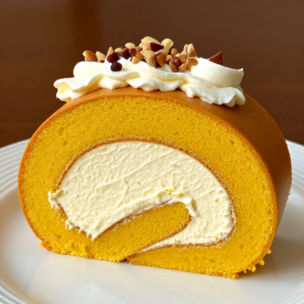 Sliced pumpkin roll on a plate