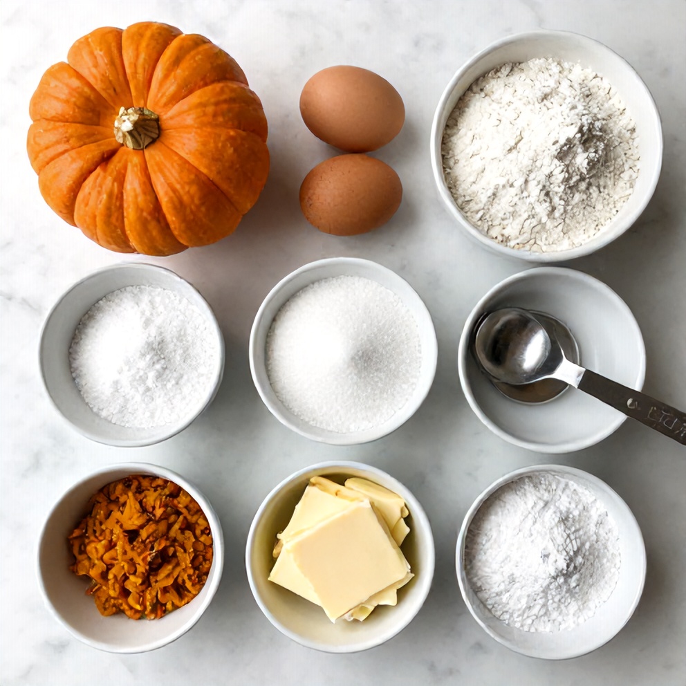 Ingredients for pumpkin roll laid out on a counter