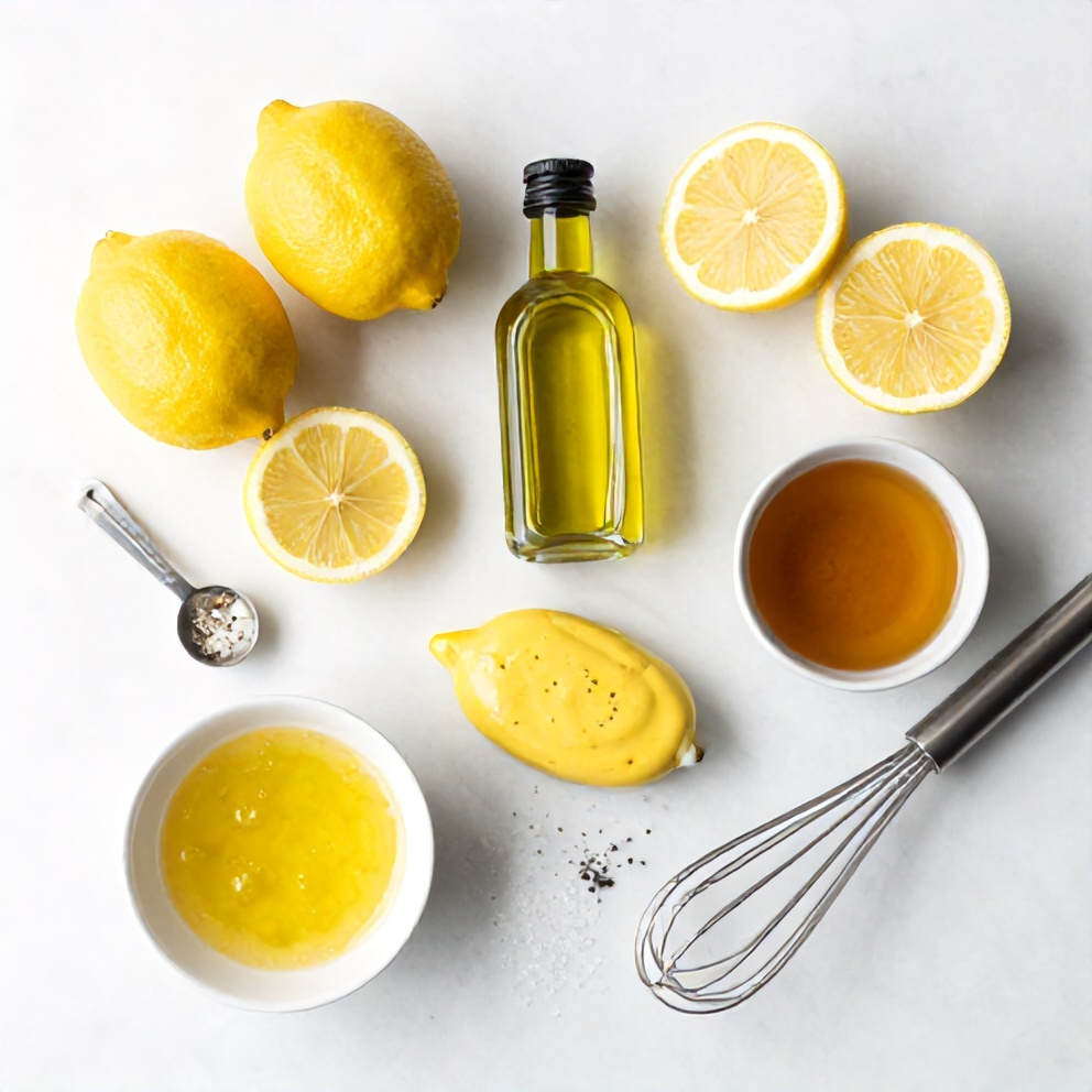 Lemon, olive oil, Dijon mustard, honey, salt, and pepper arranged on a wooden cutting board