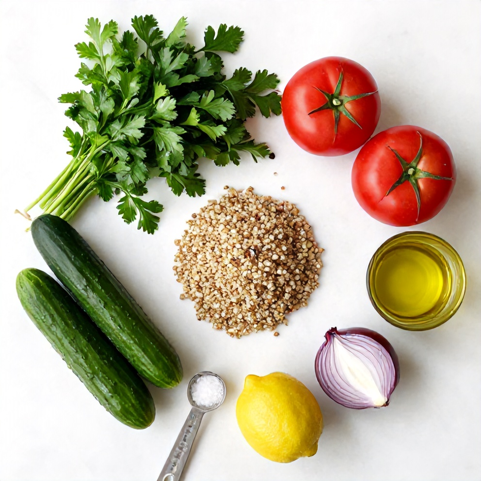 Raw ingredients for Quinoa Tabbouleh Salad on a marble surface