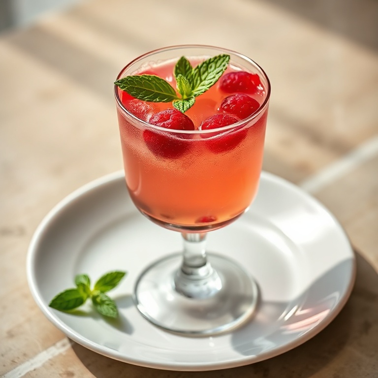 A perfectly plated Raspberry Moscato with a sprig of fresh mint on top. The glass is clear and shows the layers of the drink. The plate is a white ceramic glass with a slight reflection. Warm side lighting highlights the texture. No text or watermark. Photorealistic food photography style.