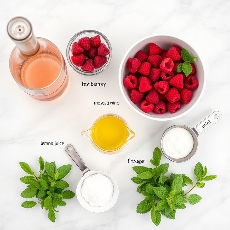 Overhead flat lay of raw ingredients for Raspberry Moscato. The five most visually prominent ingredients are fresh raspberries, moscato wine, lemon juice, sugar, and mint. Prep bowls, measuring spoons, and cups are visible. The white marble surface is bright and even. No text or watermark. Photorealistic overhead food photography.