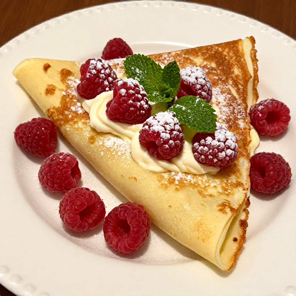 Plated Raspberry Vanilla Cream Crepes with fresh raspberries