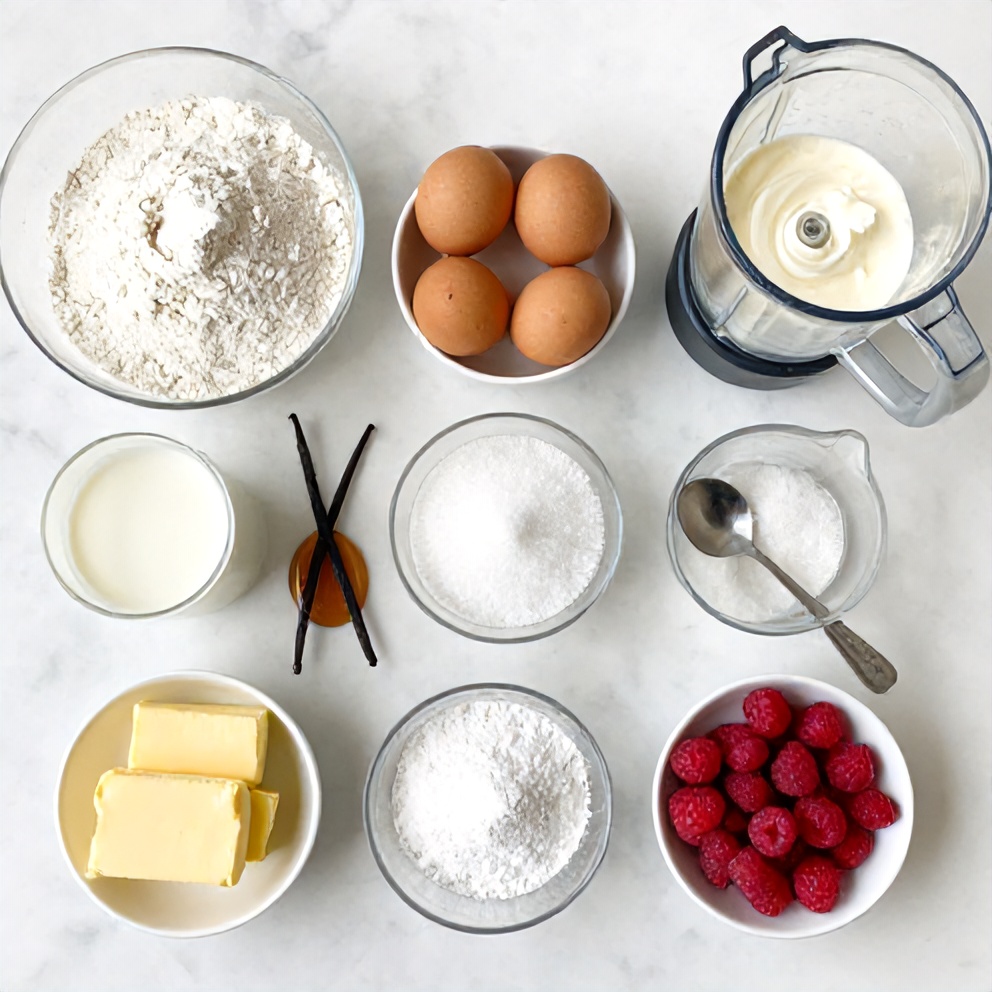 Raw ingredients for Raspberry Vanilla Cream Crepes