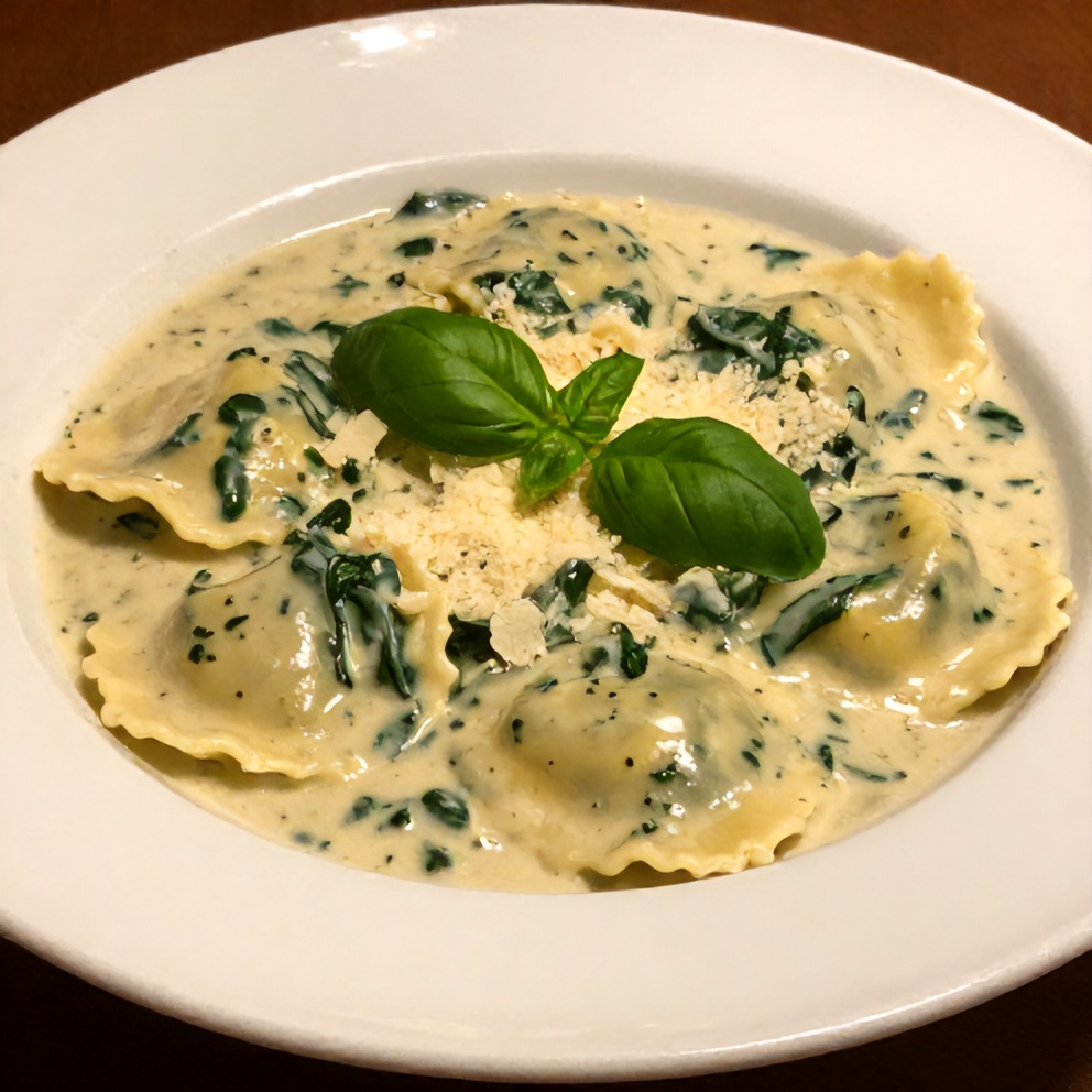 Bowl of creamy ravioli soup with spinach and Parmesan