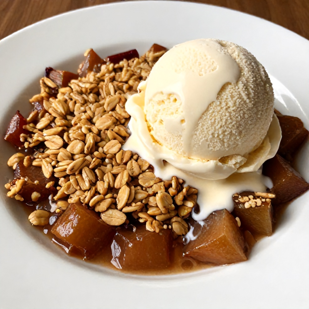 Perfectly baked Easy Rhubarb Crisp with scoop of vanilla ice cream
