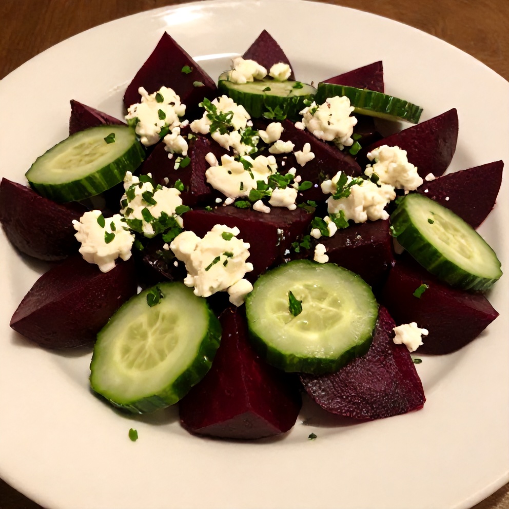 A close-cropped, plated serving of the finished Easy Roasted Beet Salad with Feta and Cucumber, featuring juicy beets, crisp cucumber, and creamy feta cheese, garnished with fresh parsley, on a white plate with warm side lighting highlighting the texture.