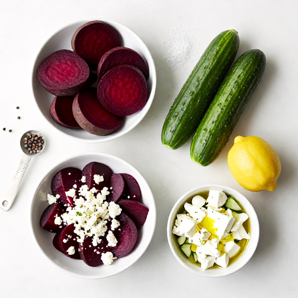 An overhead flat lay of the raw ingredients for Easy Roasted Beet Salad with Feta and Cucumber, including beets, cucumber, feta cheese, olive oil, lemon, salt, and pepper, arranged on a white marble surface with bright even natural light.