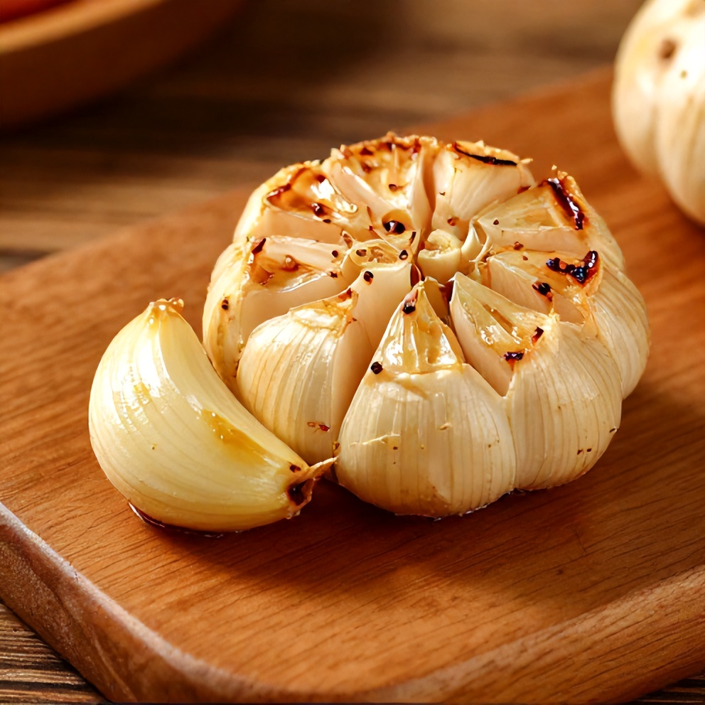 Roasted garlic cloves on a wooden board