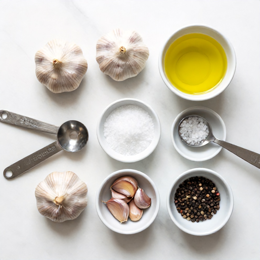 Raw garlic cloves, olive oil, salt, and pepper arranged on a wooden surface