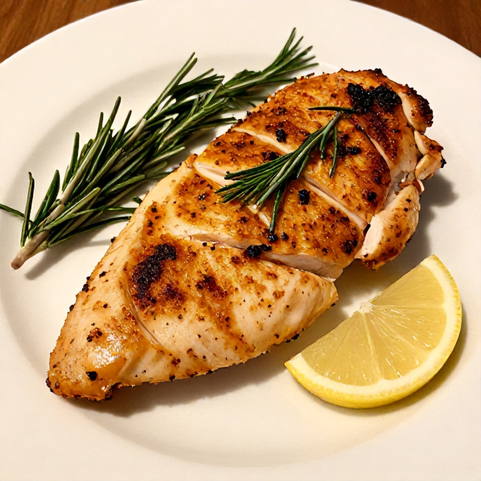 Rosemary Dijon Chicken Breast plated with fresh herbs and lemon slice