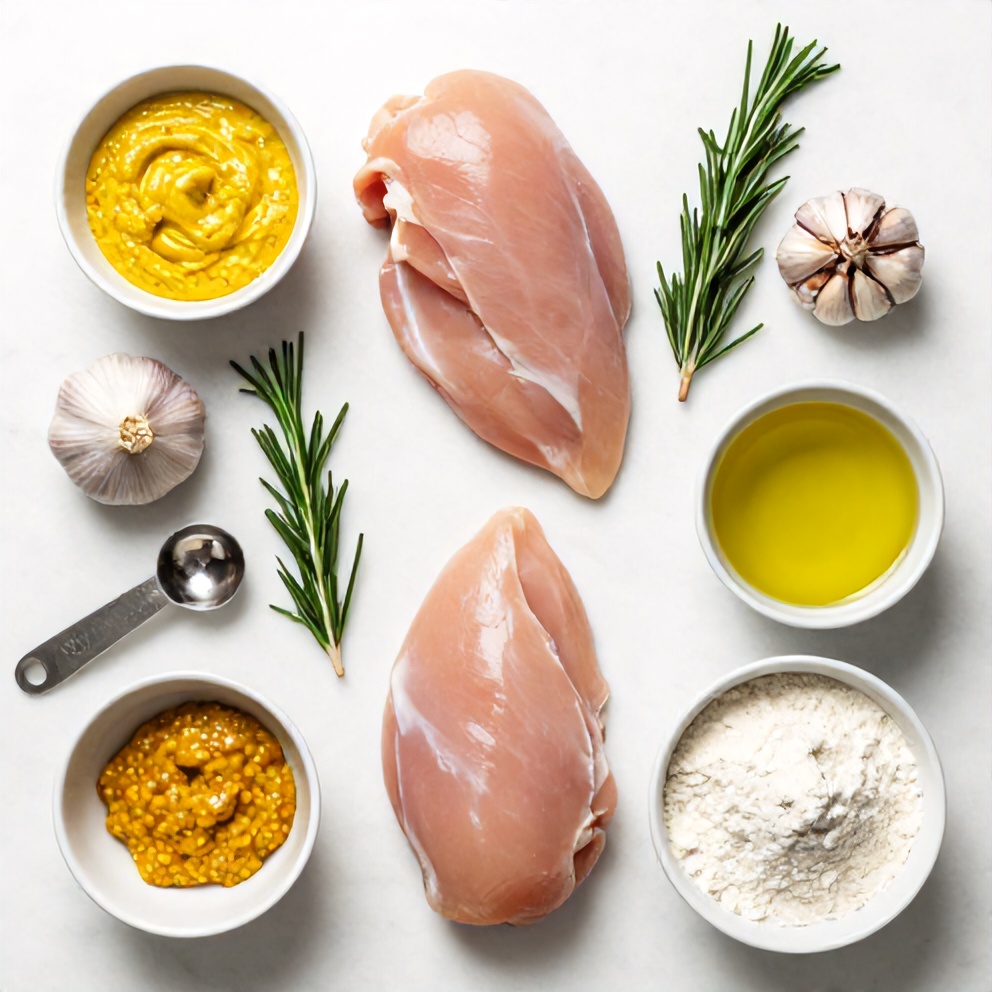 Rosemary, Dijon mustard, chicken breasts, garlic, olive oil, and flour on a wooden surface