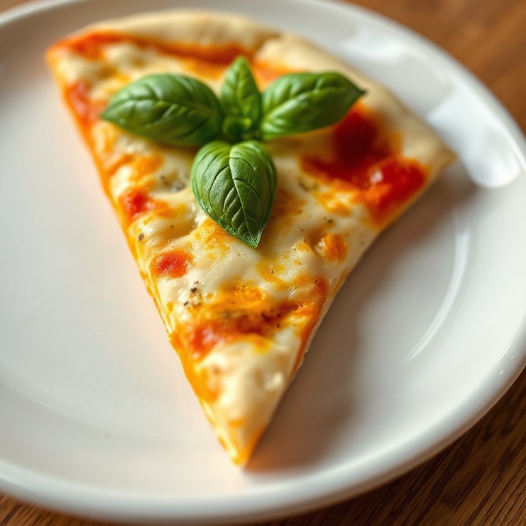 Perfectly plated pizza dough with fresh basil. Close-up of the crust. White ceramic plate with warm lighting.