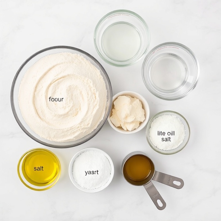 All raw ingredients for pizza dough arranged in a flat lay. Flour, yeast, water, olive oil, salt. Measuring cups and spoons visible. White marble surface.