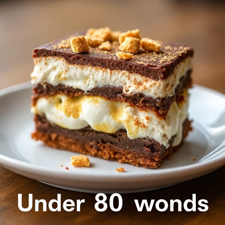 One perfect slice of s'mores cake with marshmallows melting over chocolate layers. Garnished with graham cracker crumbs. Close crop on a white plate. Warm lighting shows texture.