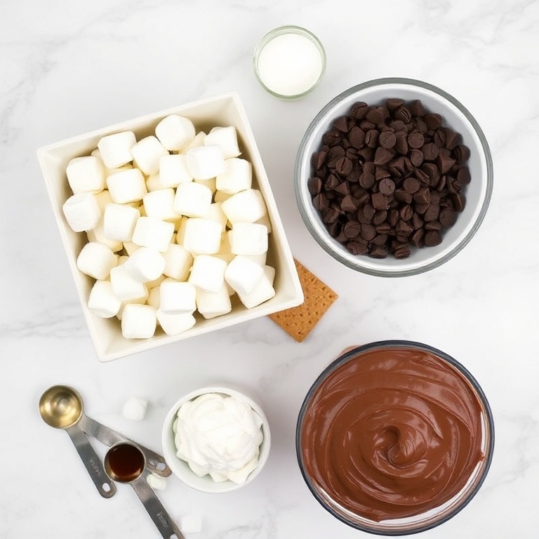 Raw ingredients for s'mores cake: chocolate cake mix, marshmallows, graham crackers, chocolate chips, and chocolate frosting arranged in an overhead flat lay. Measuring spoons and bowls visible on white marble surface.