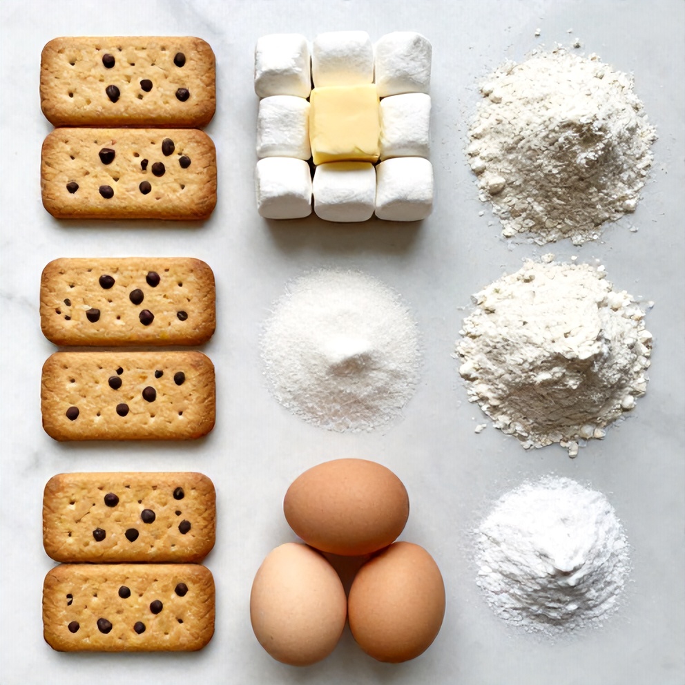 Graham crackers, chocolate chips, marshmallows, butter, sugar, flour, eggs, vanilla extract, salt, baking soda