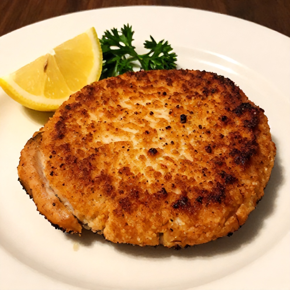 Plated salmon cake with lemon wedge and fresh herbs