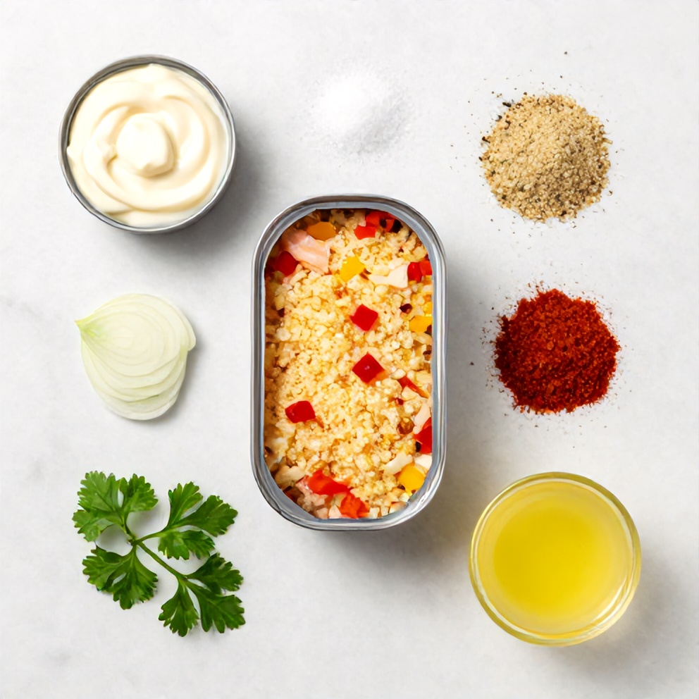 Raw ingredients for salmon cakes arranged on a marble surface