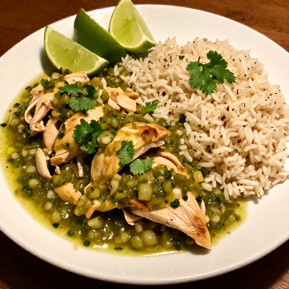 Plated Easy Salsa Verde Chicken with a side of rice